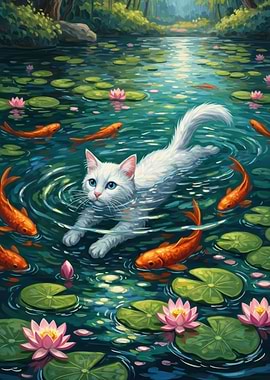 Cat Swimming with Koi Fish