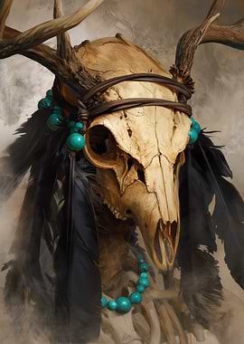 Deer Skull Headdress with Feathers and Beads