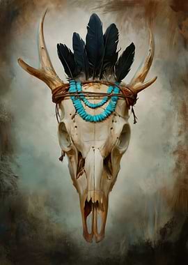 Deer Skull with Feathers and Turquoise Necklace