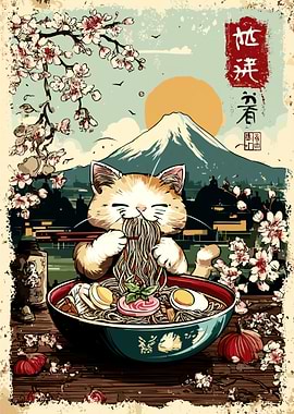 Cat Eating Ramen with Mount Fuji