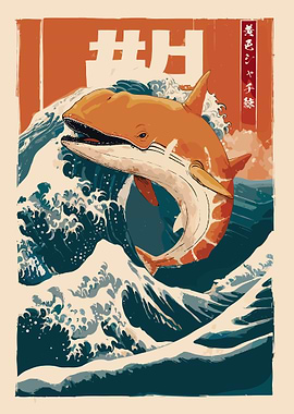 Orange Whale in Japanese Wave Art