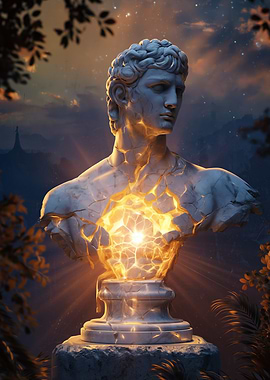 Cracked Marble Bust with Glowing Core