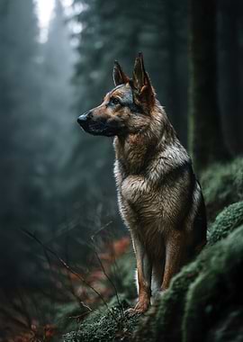 German Shepherd in a Misty Forest