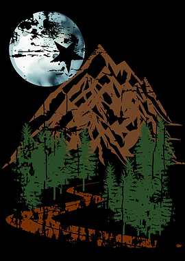 Mountain forest night scene with moon