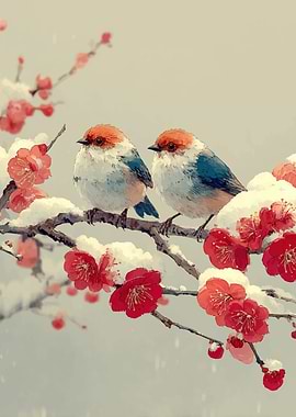 Two birds on a snowy branch