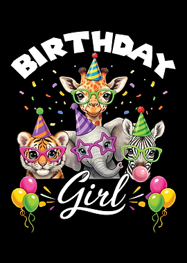 Birthday Girl Animals with Party Hats