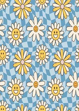 Retro Daisy Pattern with Smiley Faces