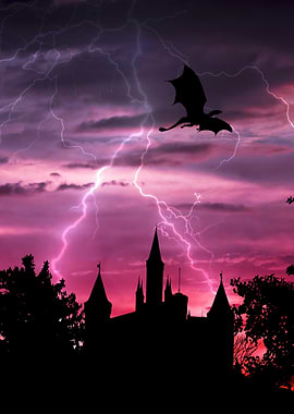 Dragon over a castle during a storm