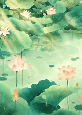 Serene Lotus Pond with Dragonflies