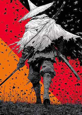 Samurai Warrior with Swords and Birds