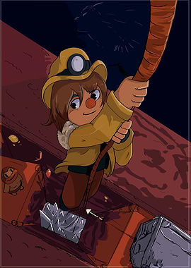 Miner climbing a rope in a dark cave