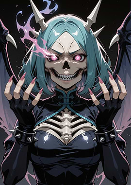 Demonic Skeleton Woman with Blue Hair
