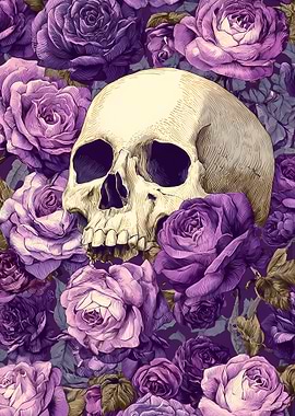 Skull surrounded by purple roses