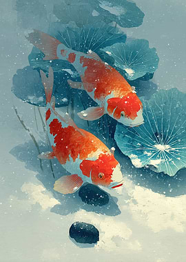 Koi Fish Swimming Among Lotus Leaves