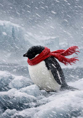 Penguin in a Red Scarf in Snow