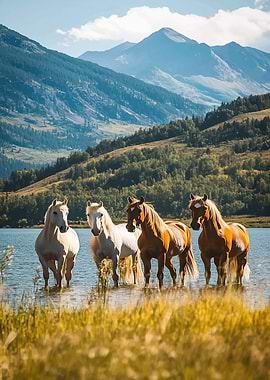 Horses in a Mountain Lake