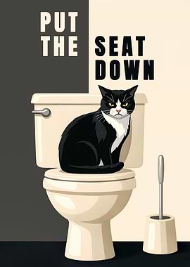 Put The Seat Down Funny Tuxedo Cat Metal Poster - Retro Bathroom Wall Art - Minimalist Pet Decor
