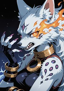 Fierce White Wolf Character with Fiery Accents