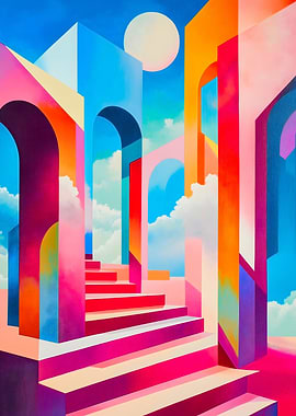 Surreal Architectural Landscape with Vibrant Colors