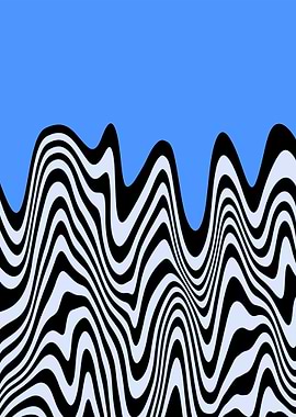 Abstract Wavy Black and White Stripes on Blue