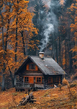 Cozy Cabin in Autumn Forest