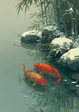 Koi fish in a snowy pond
