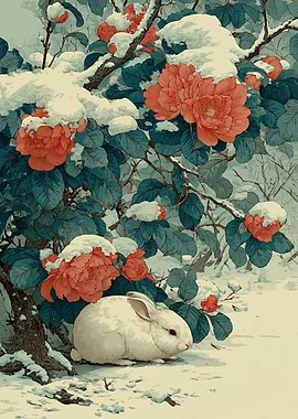 White Rabbit in Snowy Garden