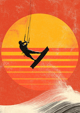 Kitesurfer silhouetted against a retro sunset