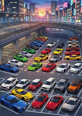 City Parking Lot with Sports Cars