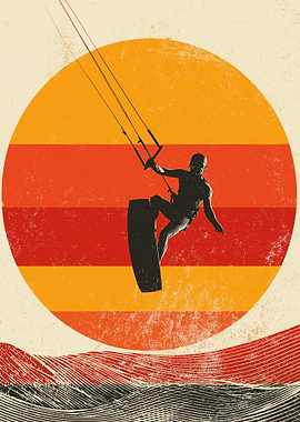 Kitesurfer silhouette against a retro sunset