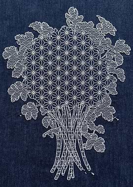 Embroidery of a Pine Branch on Denim