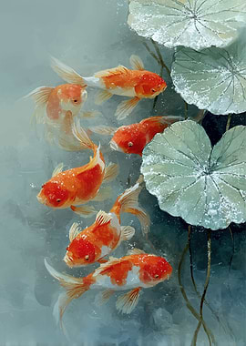 Goldfish swimming near lotus leaves