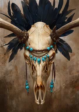 Deer Skull with Feathers and Turquoise