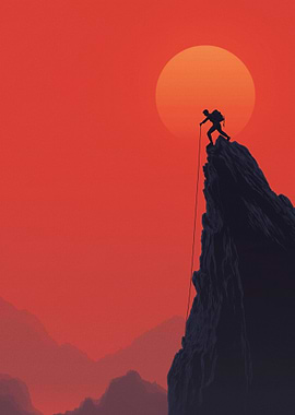 Climber on a mountain at sunset