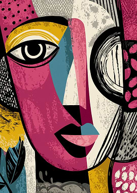 Abstract Cubist Portrait with Bold Colors