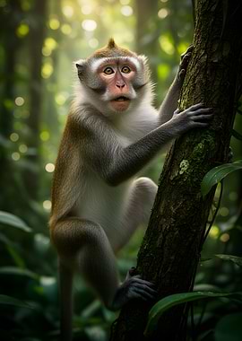 Monkey climbing a tree in a forest