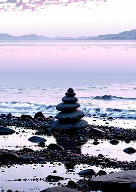Zen stone stack on a beach at sunset