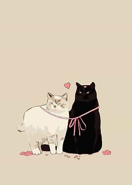 Two Cats with Pink Leash and Hearts