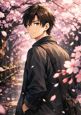 Anime boy in cherry blossom path