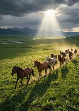 Horses Running Through a Grassy Landscape