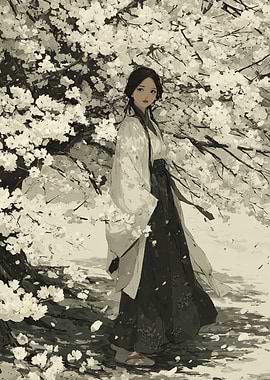 Woman in Traditional Attire Under Cherry Blossoms