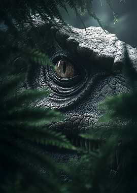 Dinosaur Eye Peeking Through Ferns