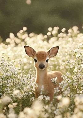 Cute Fawn in a Field of Flowers