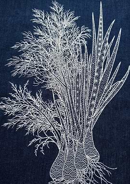 White Embroidery of Plants on Denim