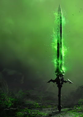 Enchanted Green Sword in Misty Landscape