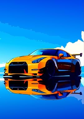 Yellow Nissan GT-R on Water