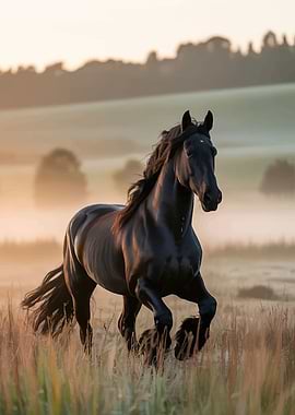 Majestic Black Horse Running in Field