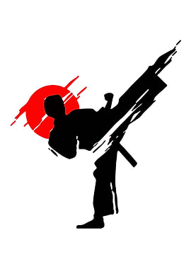 Karate Kick Silhouette with Japanese Sun