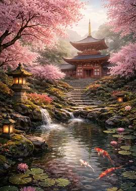Japanese Temple Garden with Koi Pond