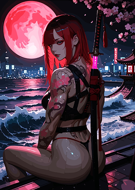 Samurai Woman Under Pink Moon